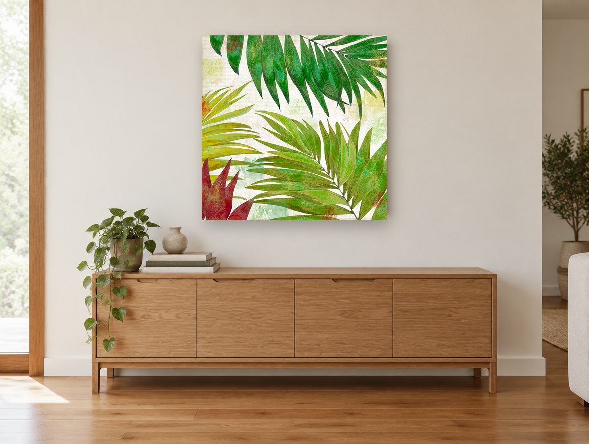 Layered Palm Fronds floral canvas print on the wall of a living room above a sideboard