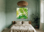 Green Palm Fronds floral canvas print on the wall of a bedroom