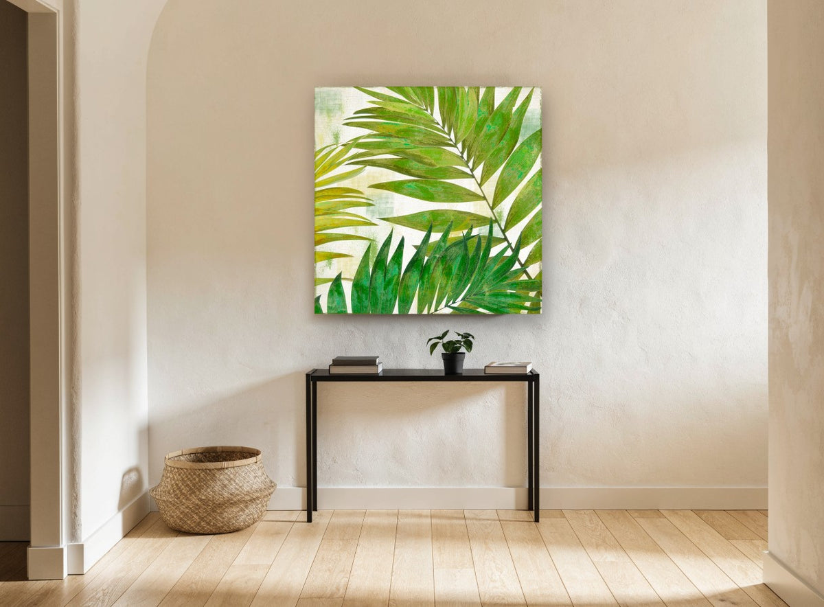Green Palm Fronds floral canvas print on the wall of a hallway
