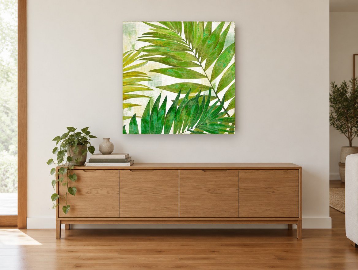 Green Palm Fronds floral canvas print on the wall of a living room above a sideboard