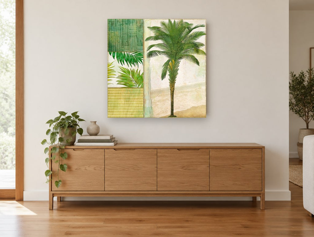 Palm Beach Collage floral canvas print on the wall of a living room above a sideboard