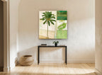 Coconut Palm Collage floral canvas print on the wall of a hallway
