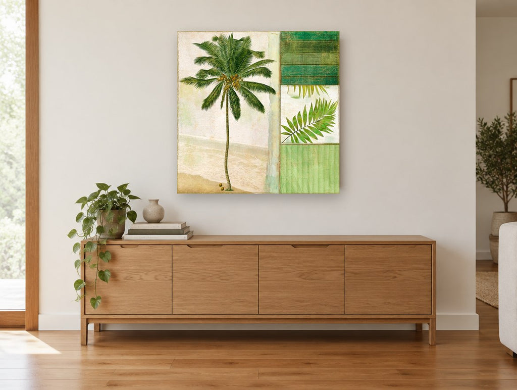 Coconut Palm Collage floral canvas print on the wall of a living room above a sideboard