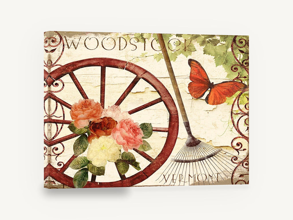 Woodstock Garden Wheel, vintage wagon wheel peonies butterfly, floral canvas wall art print ready to hang