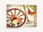 Woodstock Garden Wheel, vintage wagon wheel peonies butterfly, floral canvas wall art print ready to hang