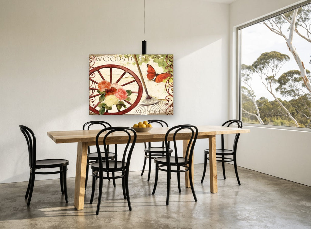 Woodstock Garden Wheel floral canvas print on the wall of a dining room