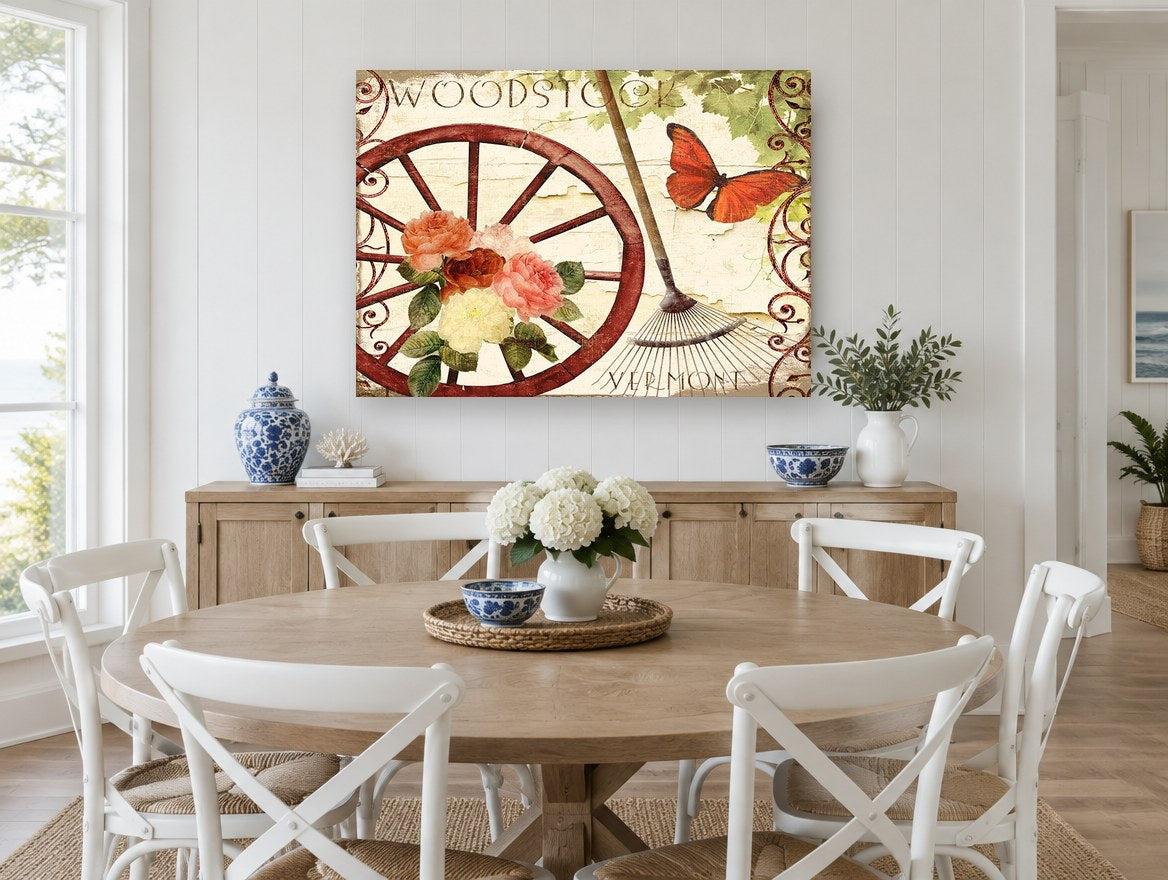 Woodstock Garden Wheel floral canvas print on the wall of a Hamptons dining room
