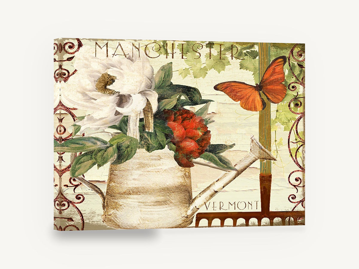 Watering Can Garden Postcard, vintage watering can magnolia butterfly, floral canvas wall art print ready to hang