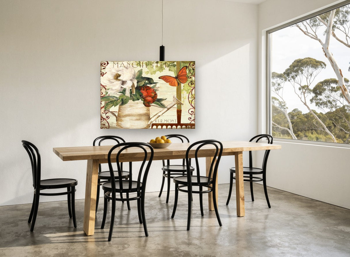 Watering Can Garden Postcard floral canvas print on the wall of a dining room