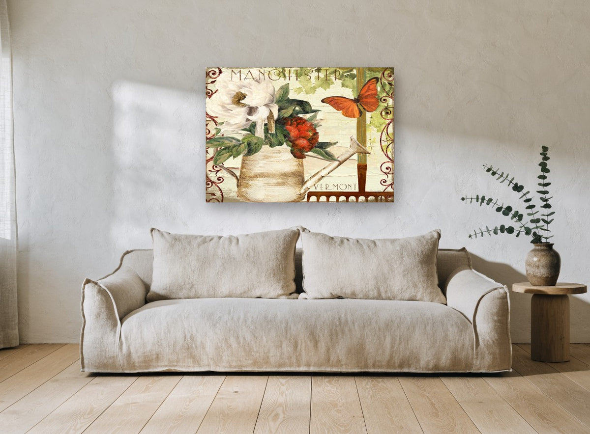 Watering Can Garden Postcard floral canvas print on the wall of a living room