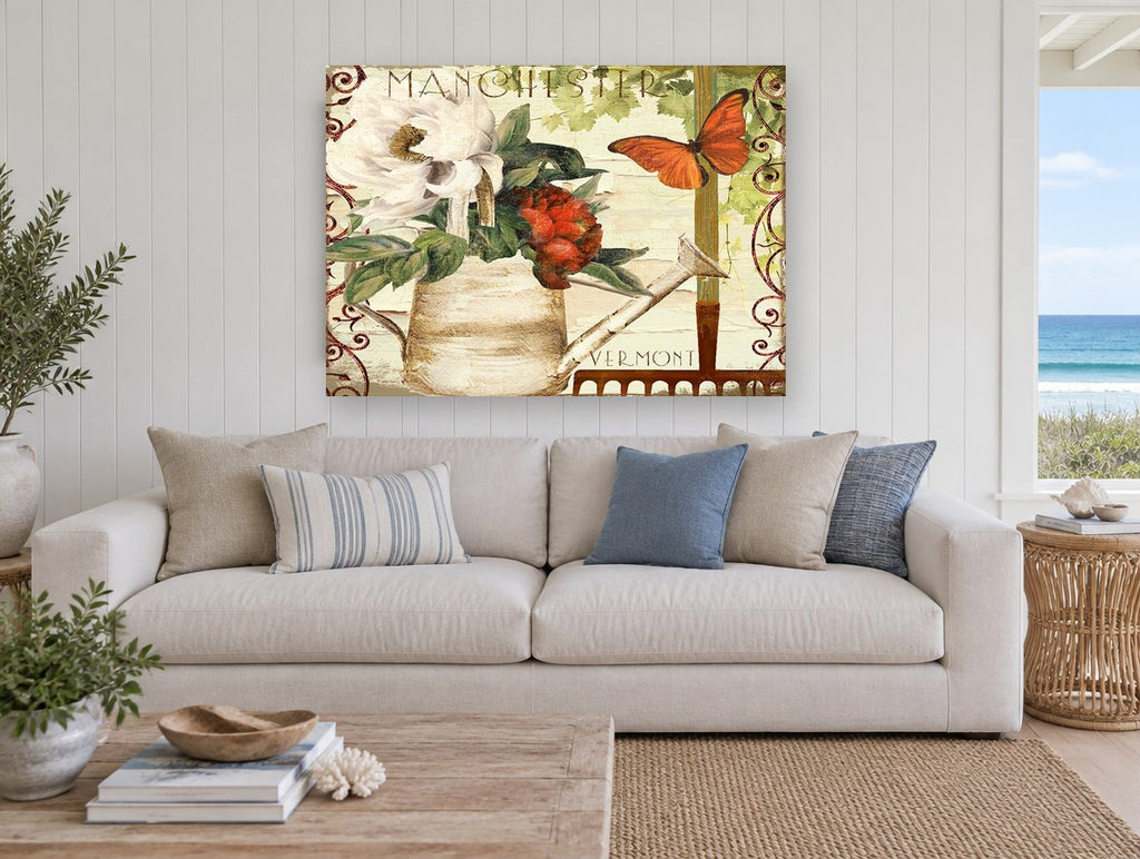 Watering Can Garden Postcard floral canvas print on the wall of a beach house living room