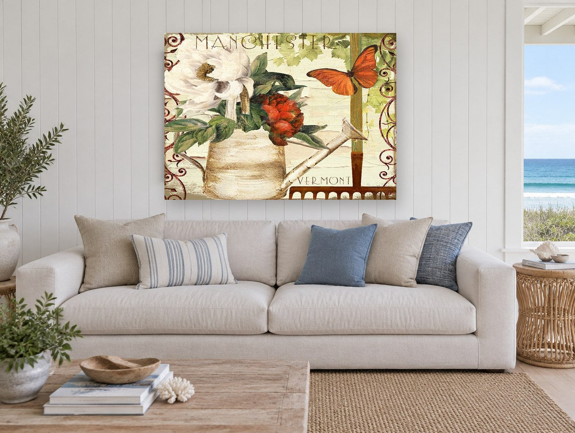 Watering Can Garden Postcard floral canvas print on the wall of a beach house living room