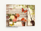 Garden Bench Summer, garden bench roses butterflies collage, floral canvas wall art print ready to hang