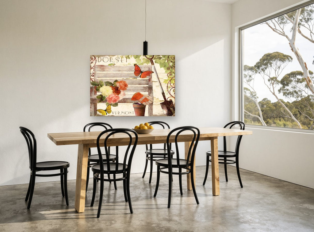 Garden Bench Summer floral canvas print on the wall of a dining room