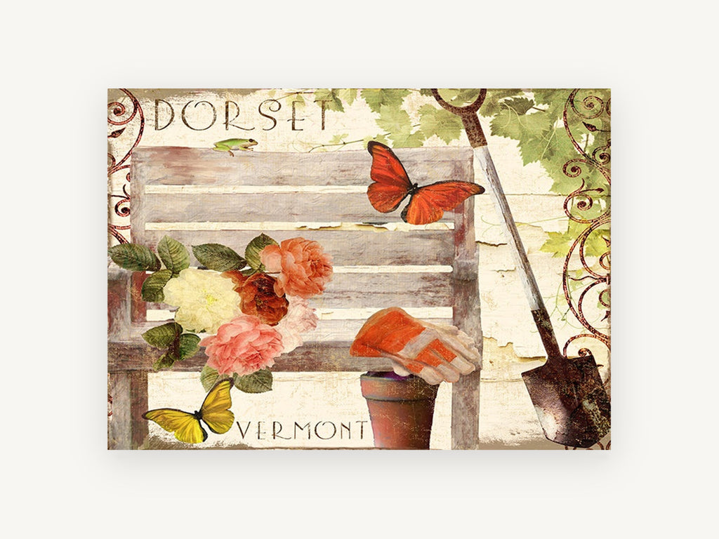 Garden Bench Summer, floral canvas wall art print, front view
