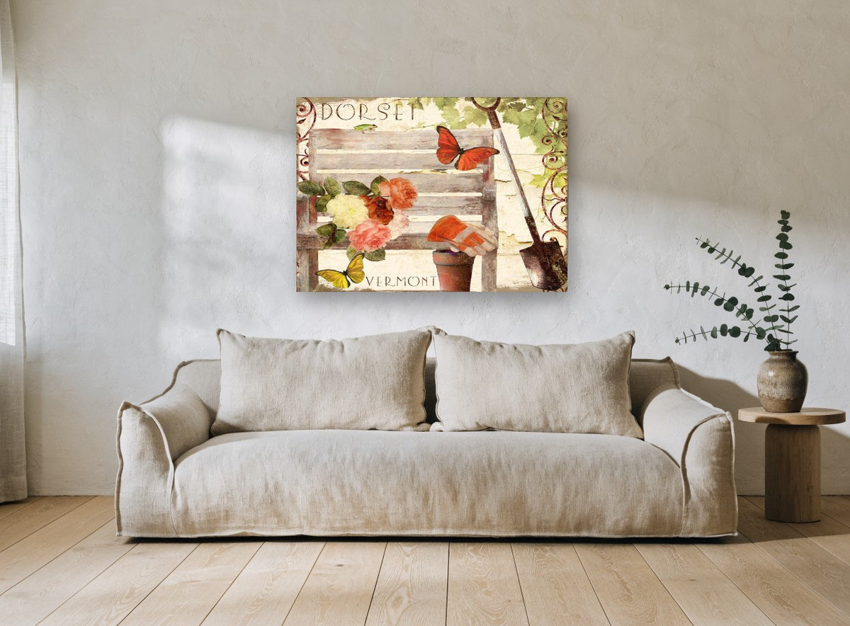 Garden Bench Summer floral canvas print on the wall of a living room