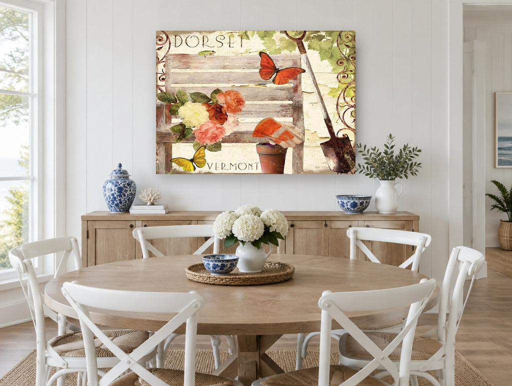 Garden Bench Summer floral canvas print on the wall of a Hamptons dining room