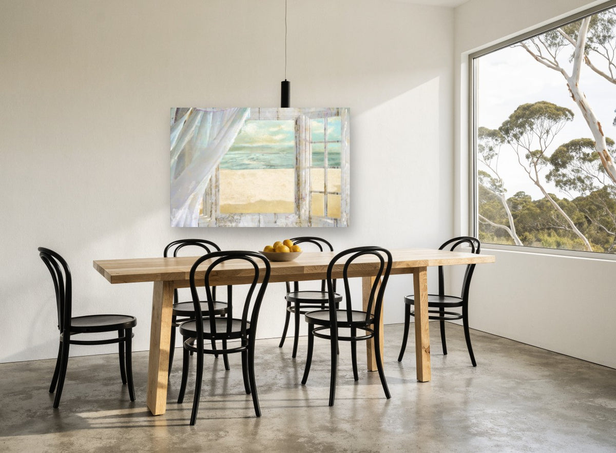 Open Window Beach coastal canvas print on the wall of a dining room