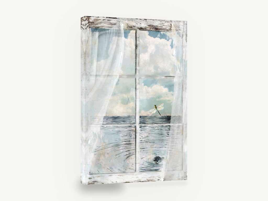 Dragonfly at the Window, dragonfly window ocean view, coastal canvas wall art print ready to hang
