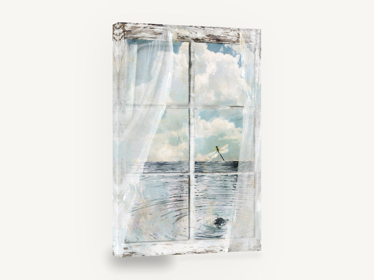 Dragonfly at the Window, dragonfly window ocean view, coastal canvas wall art print ready to hang