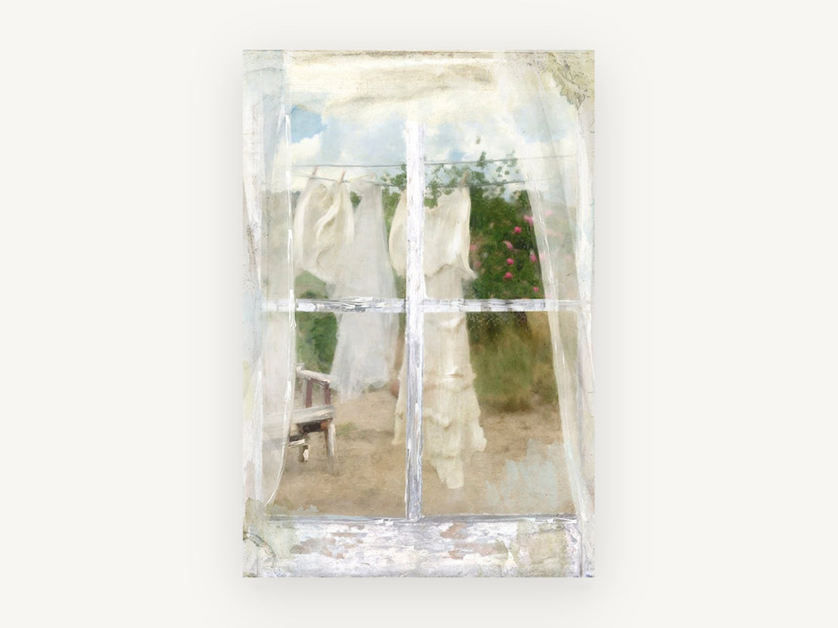Washing Line Window, window view clothesline rural photograph, landscape canvas wall art print, front view