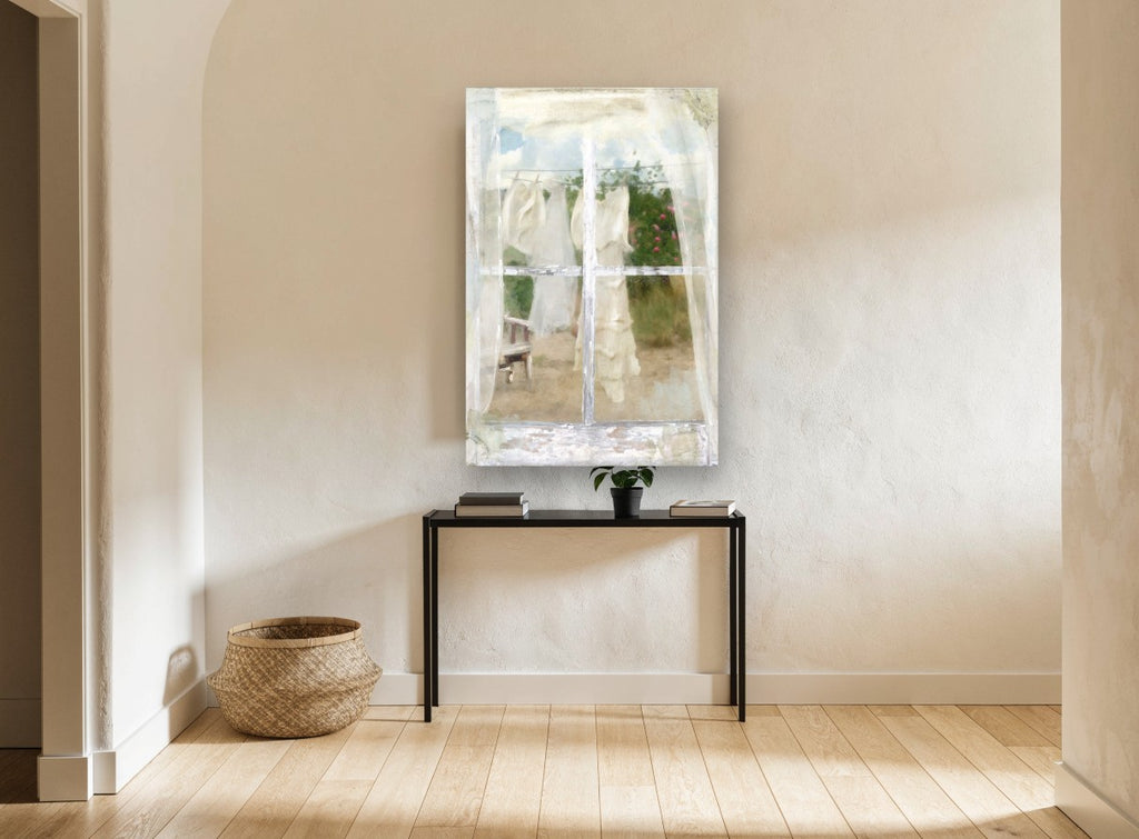 Washing Line Window landscape canvas print on the wall of a hallway