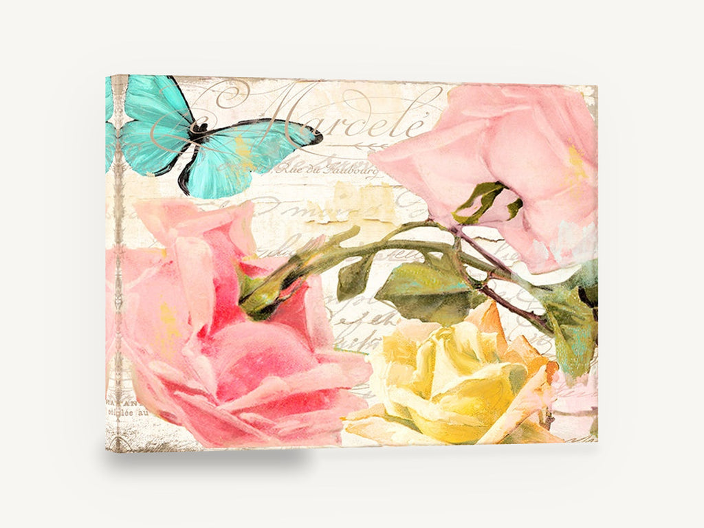 Rose Script Butterfly, pink roses butterfly vintage script, floral canvas wall art print ready to hang