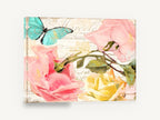 Rose Script Butterfly, pink roses butterfly vintage script, floral canvas wall art print ready to hang