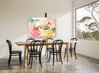 Rose Script Butterfly floral canvas print on the wall of a dining room