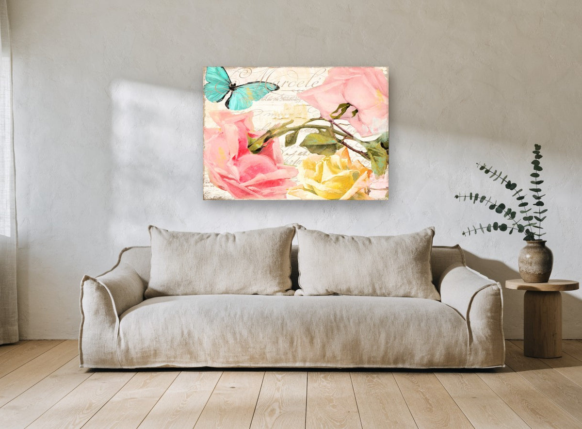 Rose Script Butterfly floral canvas print on the wall of a living room
