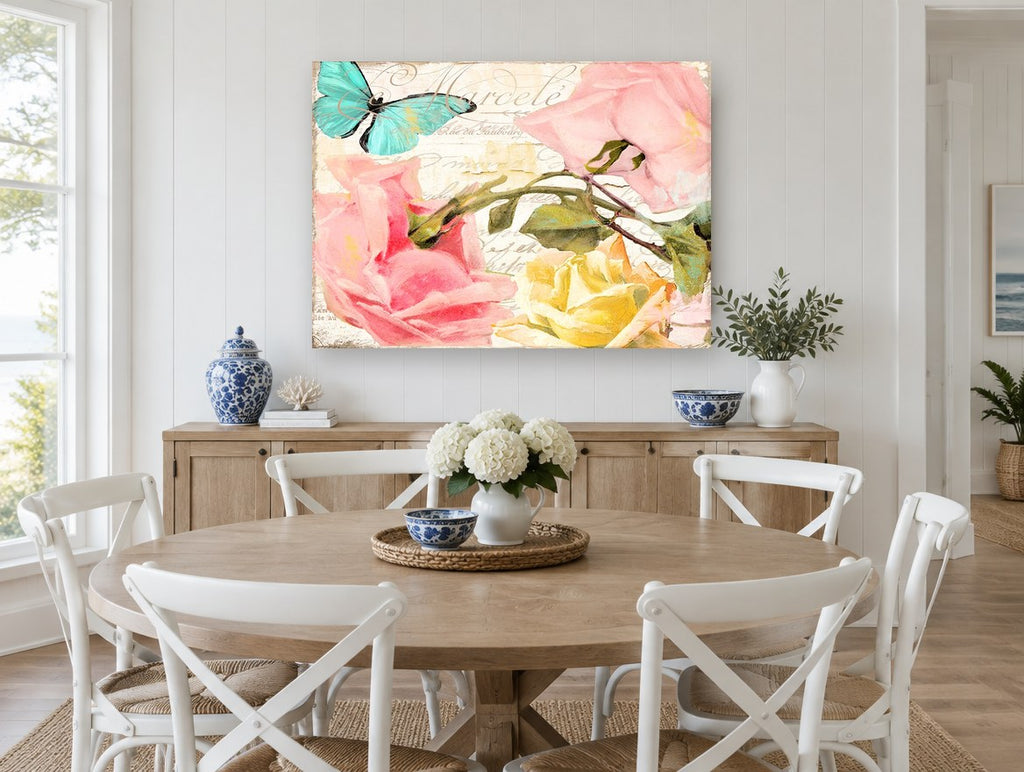 Rose Script Butterfly floral canvas print on the wall of a Hamptons dining room
