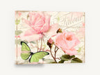 Blush Garden Butterfly Whisper, pink roses green butterfly vintage script, floral canvas wall art print ready to hang