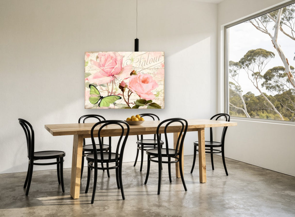 Blush Garden Butterfly Whisper floral canvas print on the wall of a dining room
