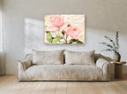 Blush Garden Butterfly Whisper floral canvas print on the wall of a living room