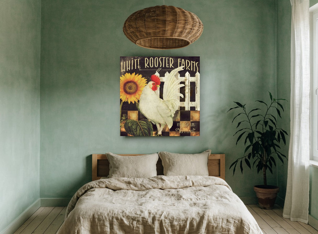 White Rooster and Sunflower floral canvas print on the wall of a bedroom