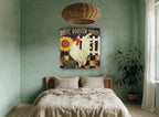 White Rooster and Sunflower floral canvas print on the wall of a bedroom