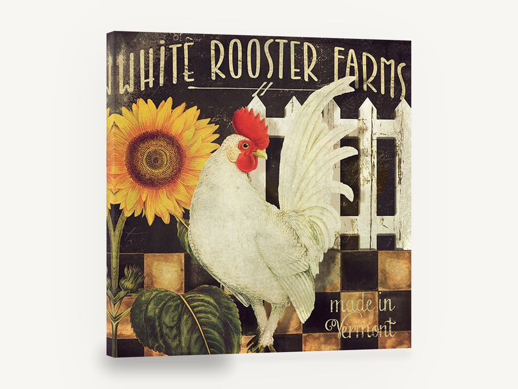 White Rooster and Sunflower, white rooster sunflower farmhouse sign, floral canvas wall art print ready to hang