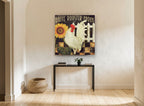 White Rooster and Sunflower floral canvas print on the wall of a hallway