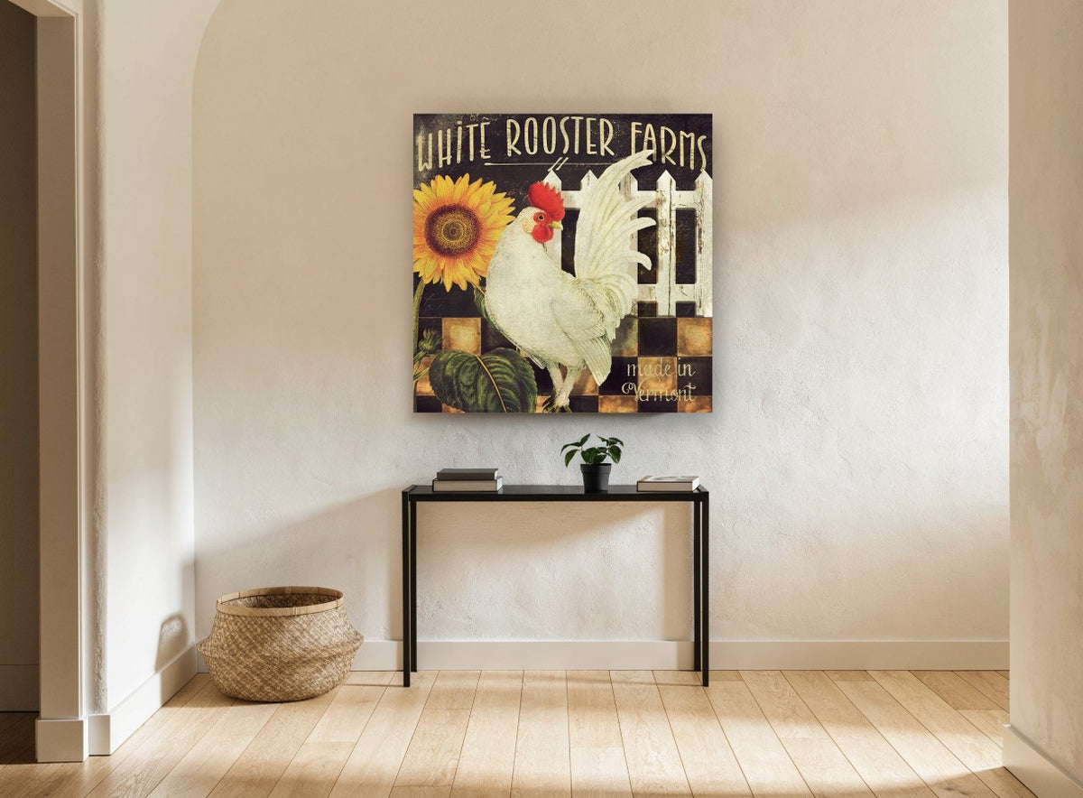 White Rooster and Sunflower floral canvas print on the wall of a hallway