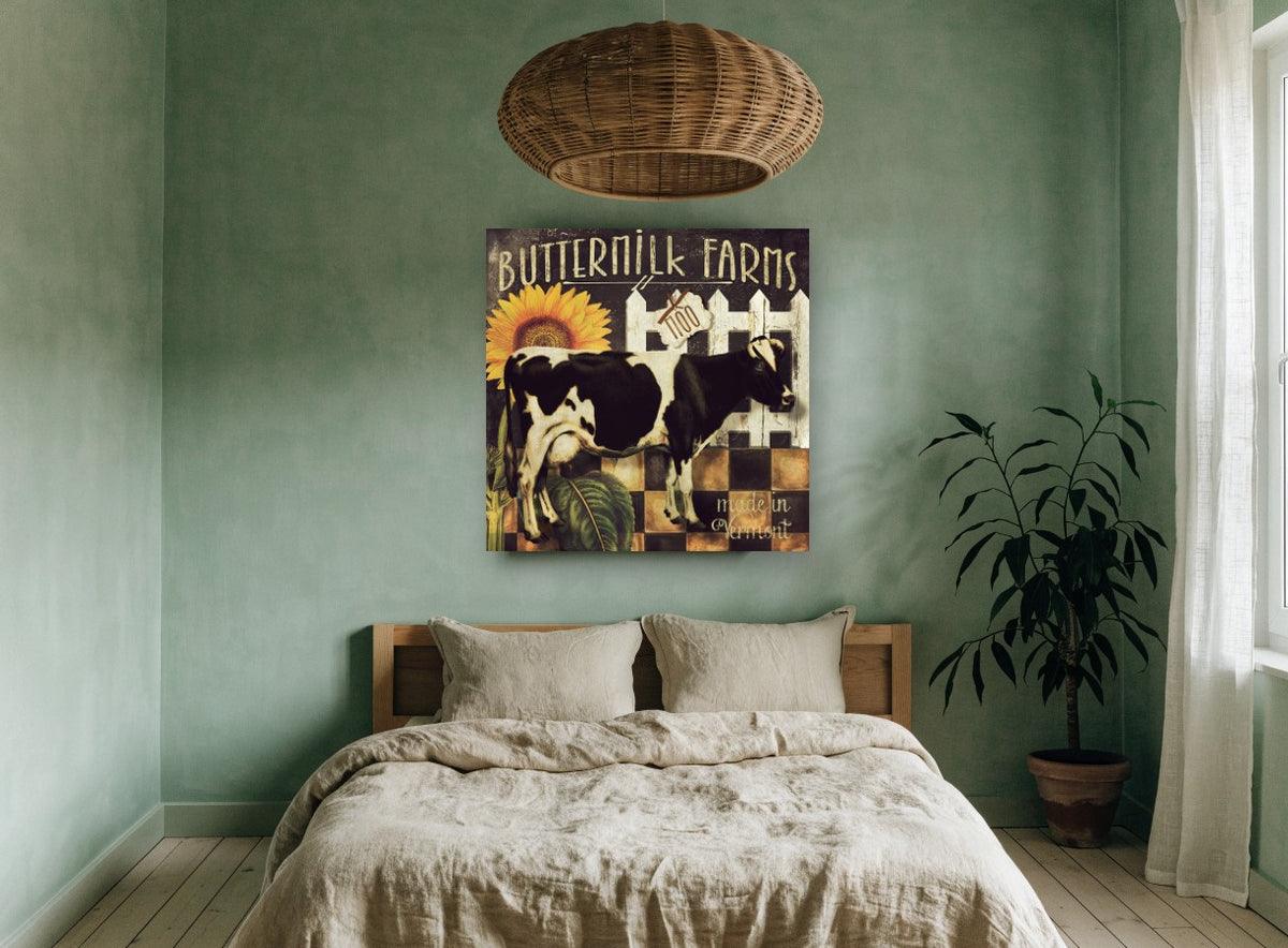 Buttermilk Farm Cow floral canvas print on the wall of a bedroom