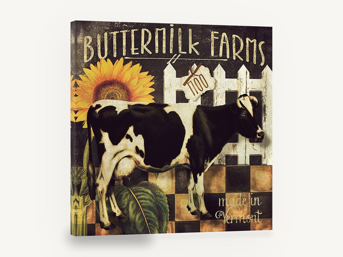 Buttermilk Farm Cow, holstein cow sunflower farmhouse typography, floral canvas wall art print ready to hang