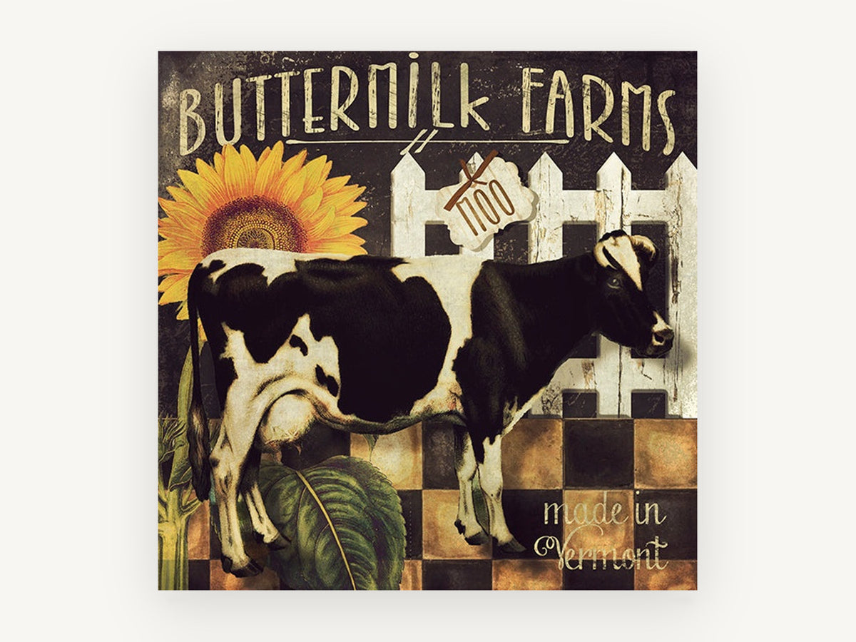 Buttermilk Farm Cow, floral canvas wall art print, front view
