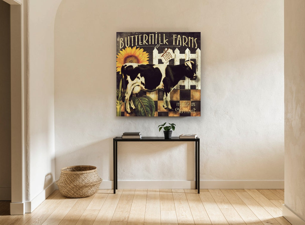 Buttermilk Farm Cow floral canvas print on the wall of a hallway