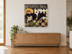 Buttermilk Farm Cow floral canvas print on the wall of a living room above a sideboard