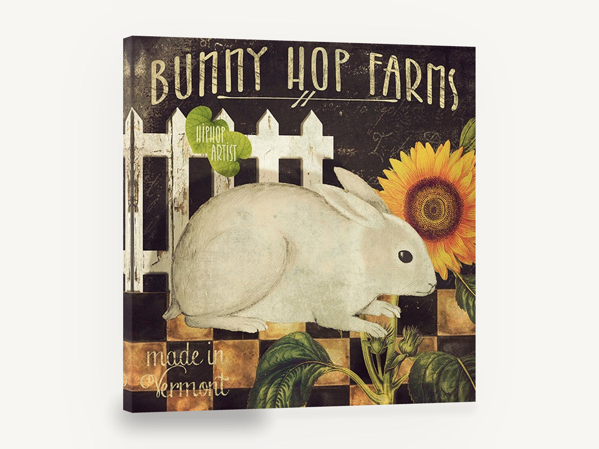 Bunny Hop Sunflower, vintage rabbit and sunflower farm sign, floral canvas wall art print ready to hang