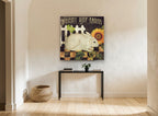 Bunny Hop Sunflower floral canvas print on the wall of a hallway