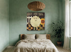Woolly Sheep and Sunflower floral canvas print on the wall of a bedroom