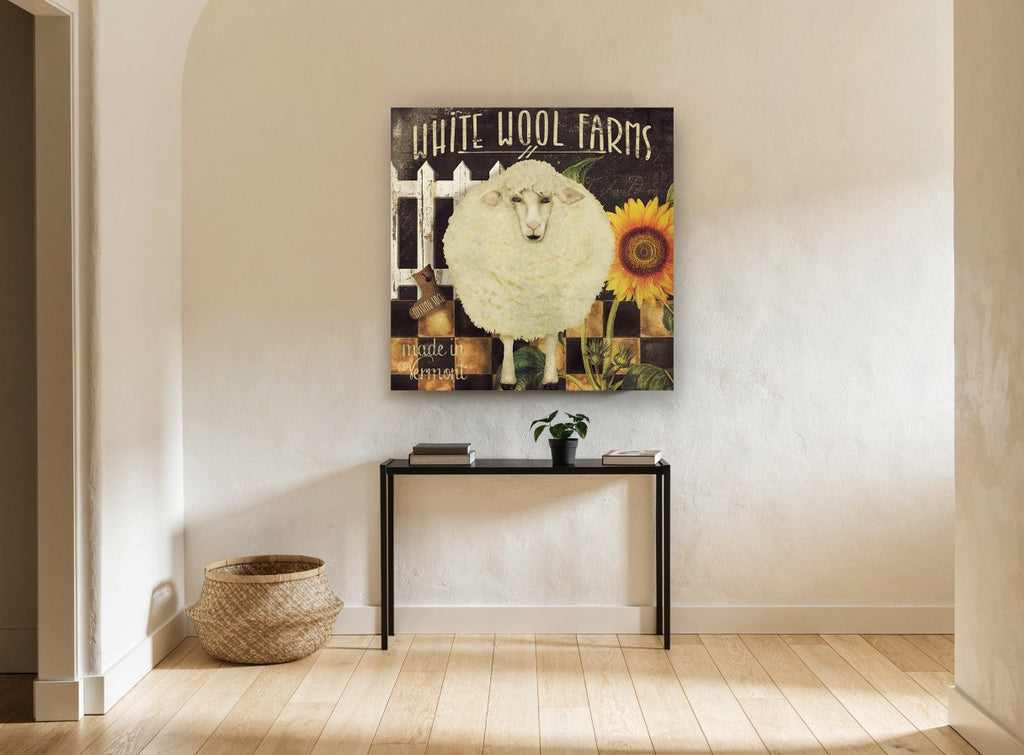 Woolly Sheep and Sunflower floral canvas print on the wall of a hallway