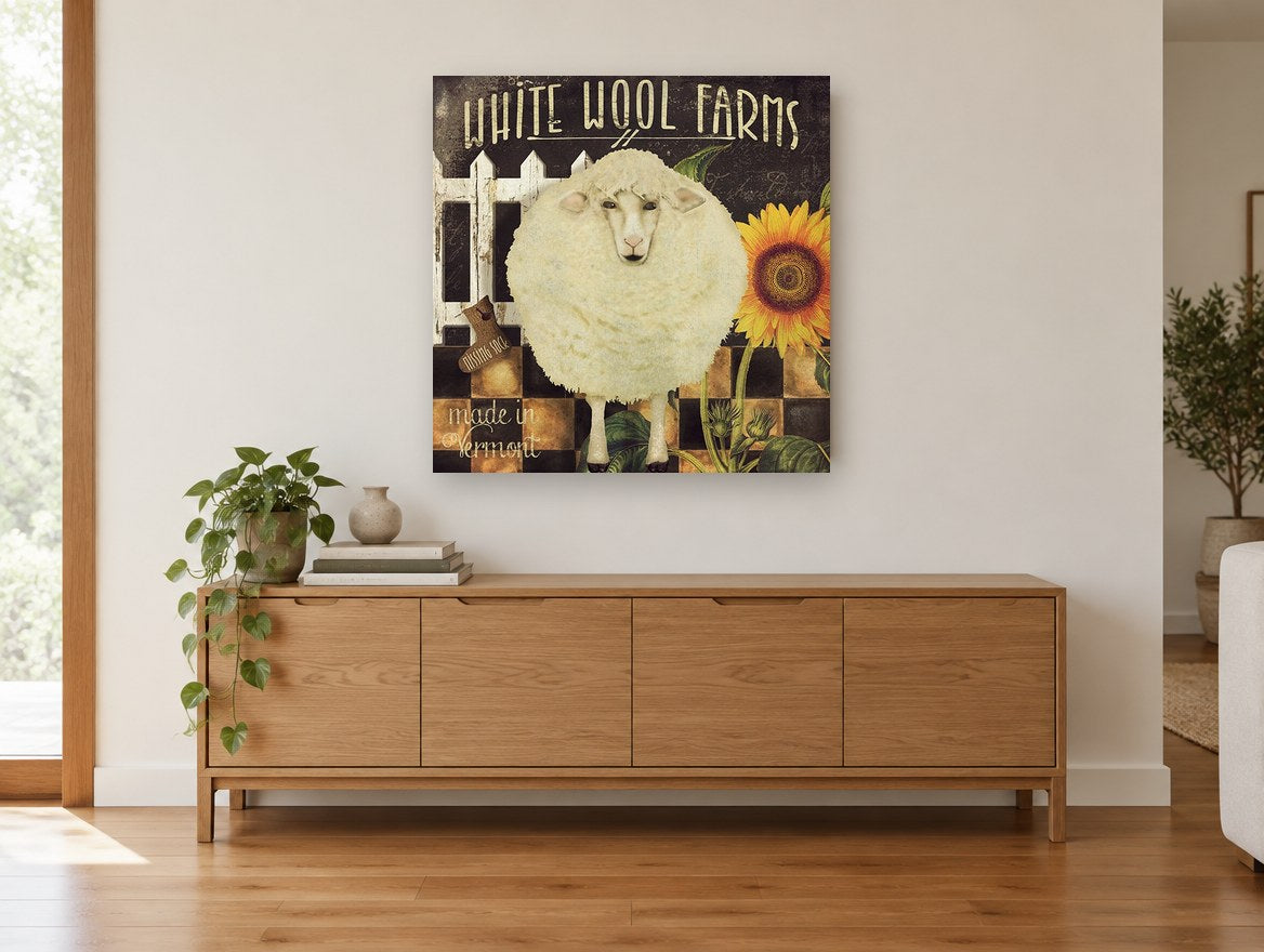 Woolly Sheep and Sunflower floral canvas print on the wall of a living room above a sideboard