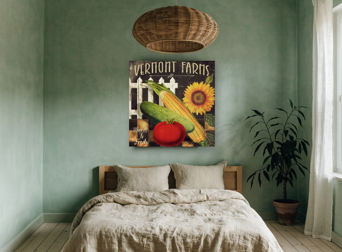 Sweet and Fresh Harvest floral canvas print on the wall of a bedroom